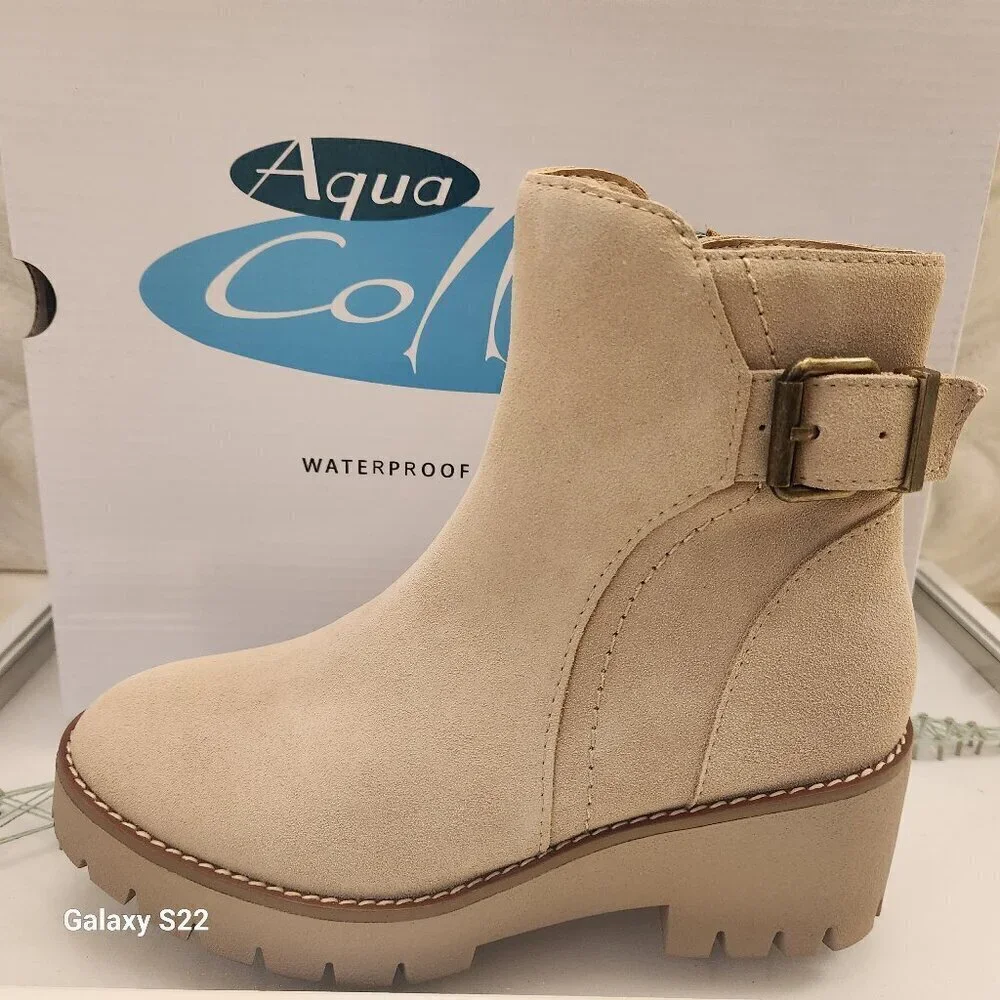 AQUA COLLEGE Womens Beige Waterproof Desiree Almond Toe Block Heel Booties 5.5 M